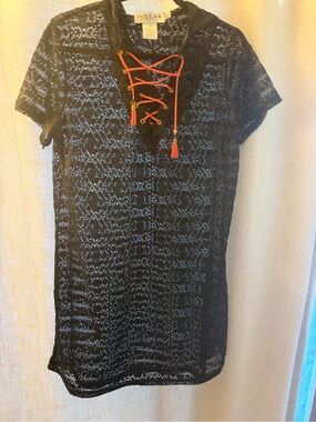 INGEAR Resort Black Lace Short-Sleeve Tunic with Orange Drawstring